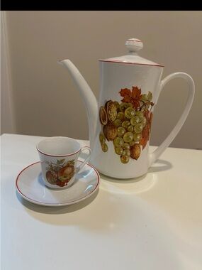 White Porcelain Coffee Pot and Cup Set with Autumn Fruit Design